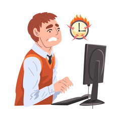 Stressed Businessman Working Overtime at Deadline, Overloaded Male Office Worker Sitting at Workplace in Office Vector Illustration
