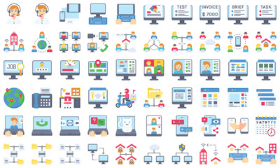 Telecommuting or remote work flat icon set, vector illustration