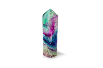 Gemstones fluorite crystal on white backgroung. Magic rock for mystic ritual, witchcraft and spiritual practice. Natural stone to attract love and energy. Copy space for text - obrazy, fototapety, plakaty