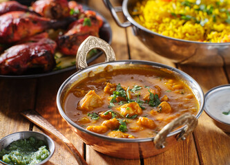 indian butter chicken curry in balti dish on table top