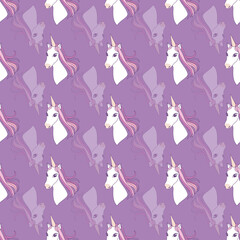 Seamless pattern with unicorn head on purple background