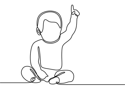 One line drawing illustration of a baby. Cute baby boy sitting and pointing up with the finger drawn from the hand a picture of the silhouette. Little kid in the minimalist style. Vector