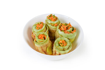Rolls of grilled vegetable marrow with filling in bowl