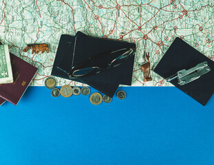 Tourism, travel and objects concept. Different travel stuff. Nice color background.
