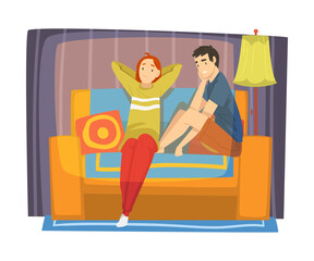 Bored Young Couple Sitting on Cozy Couch, Male and Female Characters Spending Time Together on Sofa, Staying at Home Vector Illustration