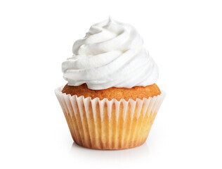 Birthday cream cupcake isolated on a white background.