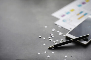 Working time symbolizes the desktop. Office desk with papers from an insurance manager and banker. Office worker at the table. The concept of lack of time.