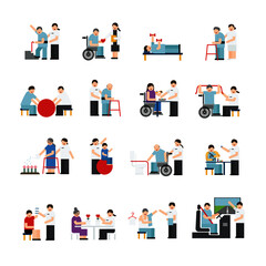 medical and rehabilitation activities in disability cartoon character design set