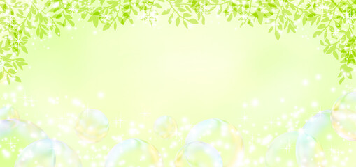 Leaves and soap bubbles on light green background