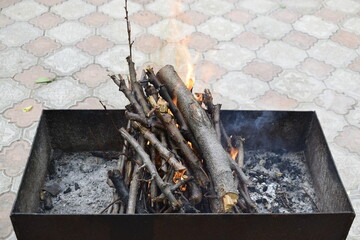 Burning fruit firewood on the grill. 
