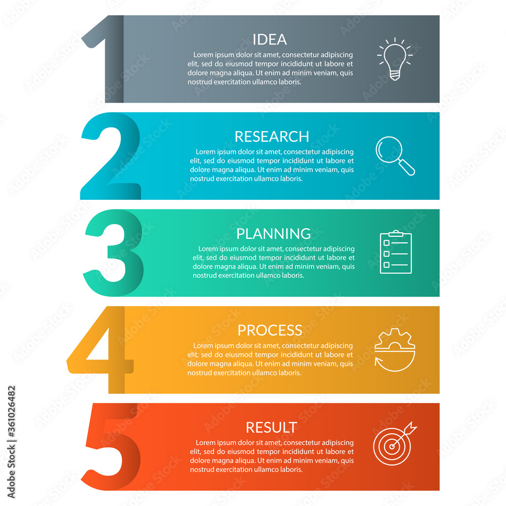 Poster 5 steps info graphic with business icons and copy space. infographics template with outline numbers.