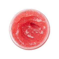 Pink body scrub in jar, top view, isolated