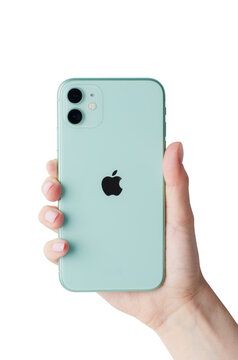 Green Apple IPhone 11 Backside Mock Up In A Female Hand Isolated