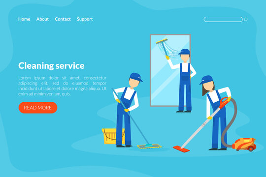 Cleaning Service Landing Page Template, Professional Workers in Uniform Cleaning Window and Mopping Floor Flat Style Vector Illustration