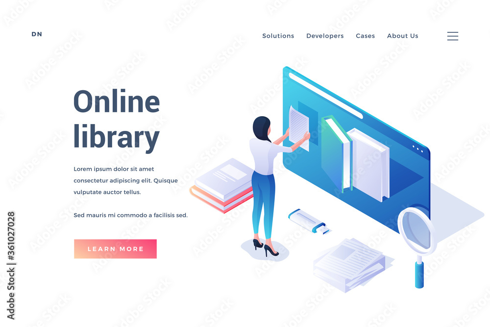 Poster vector banner for online library with student in three dimensions