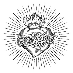 Old school tattoo logo with heart, roses and fire with outline in classic black and white retro style with ray and gleam