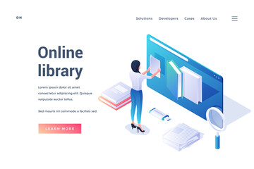 Vector banner for online library with student in three dimensions