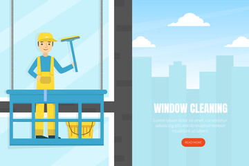 Cleaning Windows Landing Page Template, Professional Worker in Uniform Cleaning and Rubing Facade Windows Of Building, Cleaning Service Company Homepage, Website Flat Vector Illustration