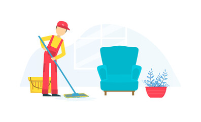 Professional Worker in Uniform Mopping the Floor, Cleaning Company Staff at Work Flat Vector Illustration © topvectors
