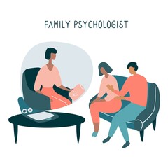 Family Psychologist. Online counseling for couple. Patients at psychological consultation. Flat doodle illustration