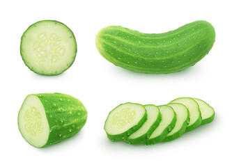 Set of whole and sliced cucumbers isolated on a white background.