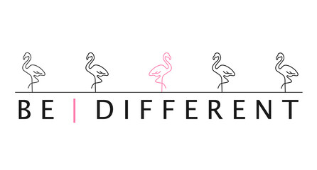 Be different flamingo bird, concept of being unique and special and not follow others, vector line art illustration