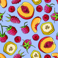 Fruit seamless pattern. Banana, peach, raspberries. Cartoon style. Stock illustration. Design for wallpaper, fabric, textile, packaging.