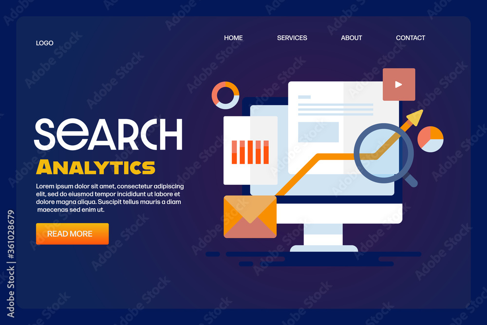 Poster search analytics, business and marketing data showing on computer screen, seo and website traffic, e