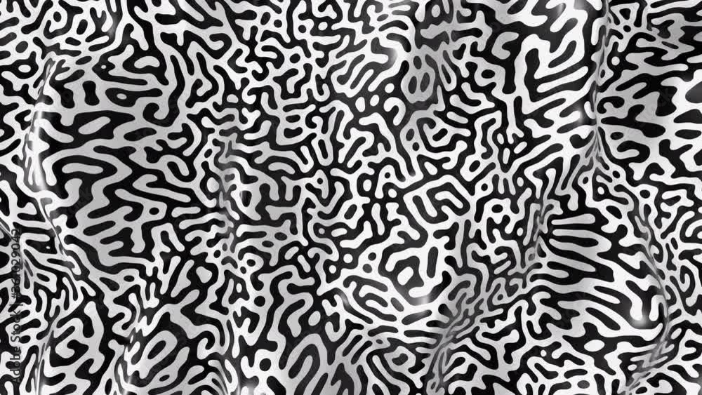 Poster Black and white reaction-diffusion pattern background. Abstract liquid background 3D animation. 4k seamless loop.