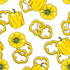 Bell pepper seamless pattern. Tasty yellow vegetables stock vector illustration. Hand drawn cartoon slices and whole peppers isolated on white. Texture design for menu, kitchen textile, decor