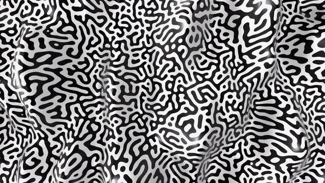 Black and white reaction-diffusion pattern background. Abstract liquid background 3D animation. 4k seamless loop.