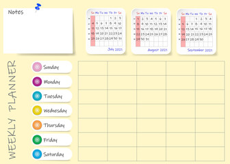 Calendar of third quarter of 2021 year with weekly planner table and blank label for notes. Week starts Sunday.