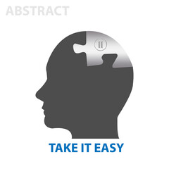Take it easy abstract vector showing silhouette of the head of man with button pause on a metallic piece of puzzle. Isolated on the white background.
