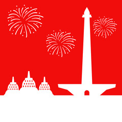 Happy Independence Day Of Indonesia background with Borobudur temple and Monas