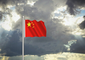 Flag of China on a stick, dark clouds in the background, blurred image, 3D illustration