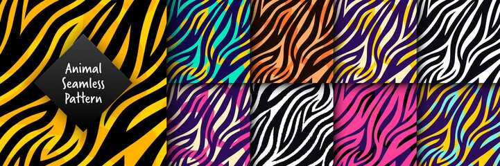Fototapeta Trendy wild animal seamless pattern set. Hand drawn fashionable tiger, zebra striped skin abstract texture for fashion print design, fabric, textile, wrap, background, wallpaper. Vector illustration obraz