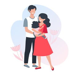 A happy family. Young parents. Mom holds a small child in her hands. Vector illustration