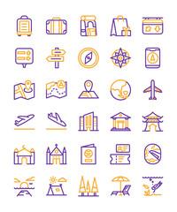 travel icon set suitcase airplane hotel beach restaurant backpack sunset summer hiking with outline style flat design.