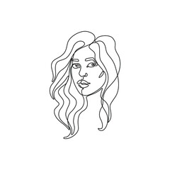 Beautiful girl silhouette, print for clothes, t-shirt, emblem or logo design, continuous line drawing, small tattoo, isolated vector illustration.