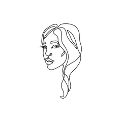 Beautiful woman abstract silhouette, continuous line drawing, small tattoo, print for clothes, t-shirt, emblem or logo design, isolated vector illustration.