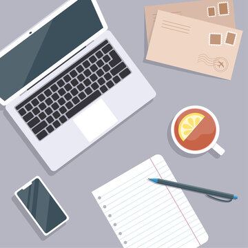 Modern workspace concept, laptop with with an envelope, a smartphone and tea on the table, top view. Vector flat cartoon illustration for web design and print