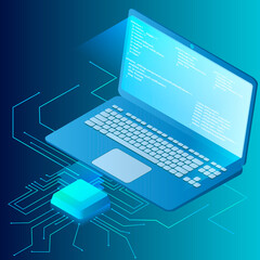 Web page software development.Isometric image of a laptop with program code and processor.The concept of a secure connection.Vector illustration.