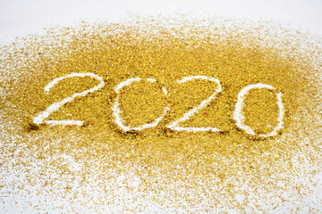 2020, text of gold glitter on the white background.