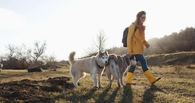 hipster millennial redhead female in yellow jacket and boots walking with two siberian husky dogs in beautiful countryside area. Hiking and travelling with dogs