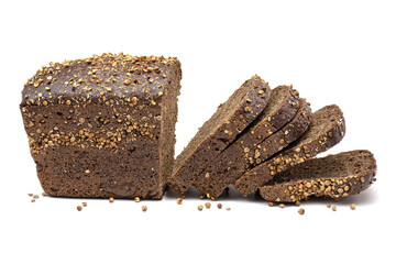 Sliced of rye bread on isolated white background. Black bread (Borodino bread) sprinkled with coriander. Full depth of field with clipping path.
