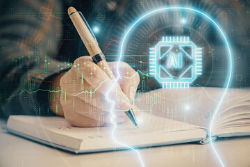 Multi exposure of woman's writing hand on background with brain hologram. Concept of brainstorming.