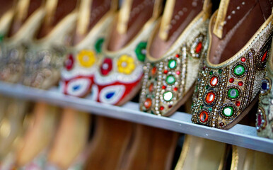  View of Indian woman foot wear in display of a retail store    