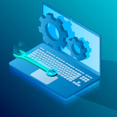 Service of the operating system.Modern concept of operating system maintenance for web design. Communication technologies.Isometric vector image.