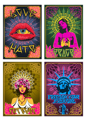 Love and Hate, Peace and Liberty, Psychedelic Art Style Poster Set, Women, Statue of Liberty, Women Lips, Decorative Floral Backgrounds