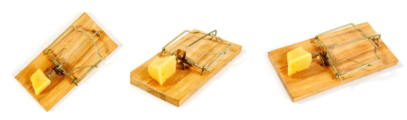 conceptual picture of a mousetrap with a piece of cheese on a white background in several different...